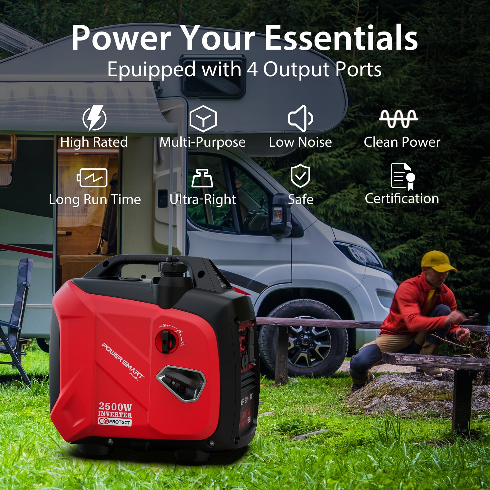 PowerSmart 2500W Portable Gas Fuel Inverter Generator CO Detect with Manual Start Outdoor Camping