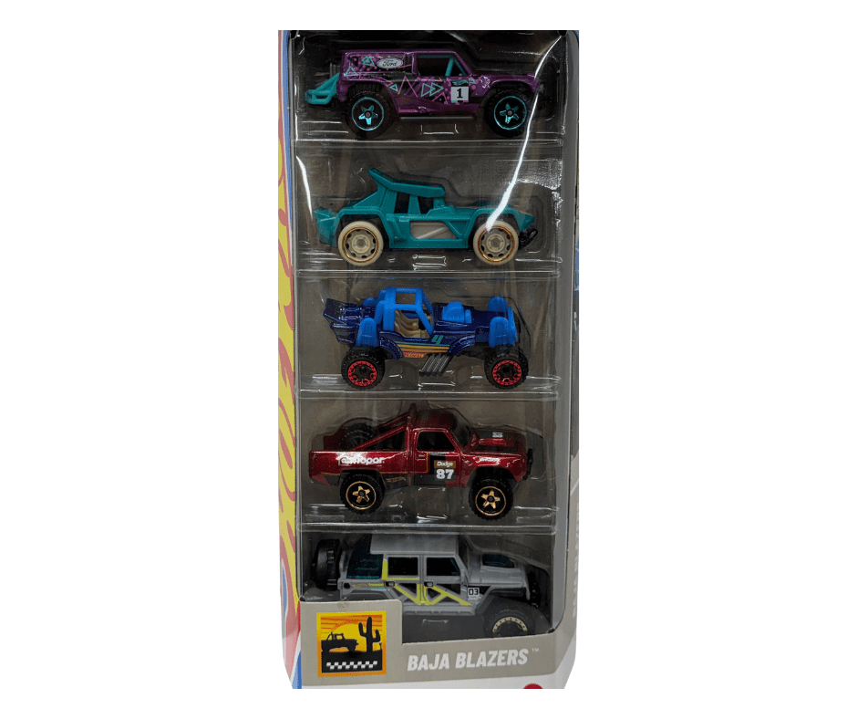 Hot Wheels Baja Blazers 5-Pack – 1:64 Scale Die-Cast Cars, Bull Whip, ’87 Dodge D100, Ford Bronco R, Mountain Mauler & ’17 Jeep Wrangler