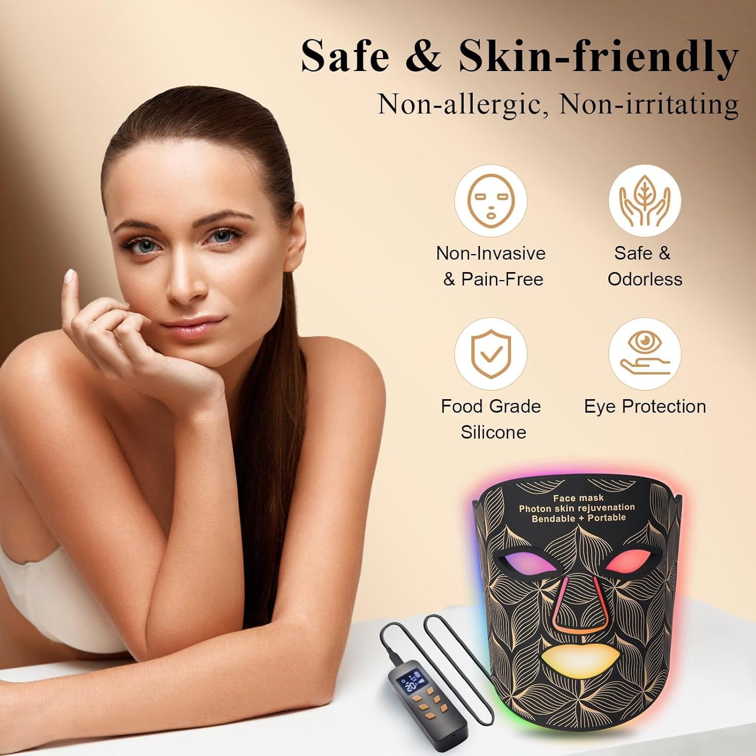 Red Light Therapy for Face,7 Modes LED Face Mask Light Therapy 850nm Wavelength Penetrates Deeply Into the Skin,With a Remote control Handle,Eye Mask,Timing Function for Skin Care at Home,Travel