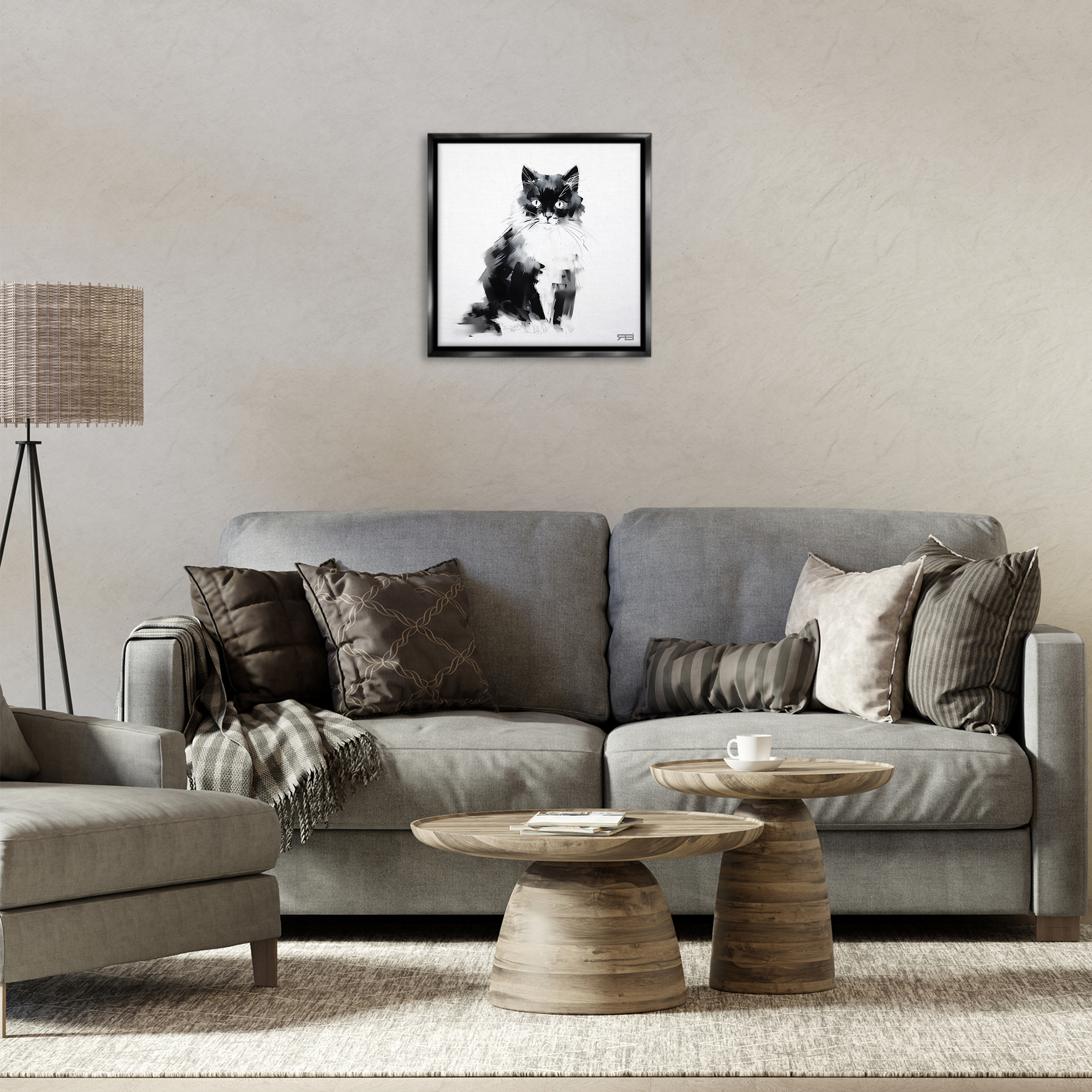 Stupell Industries Abstract Black & White Cat Animals & Insects Painting Black Floater Framed Canvas Art Print Wall Art, 18 x 18