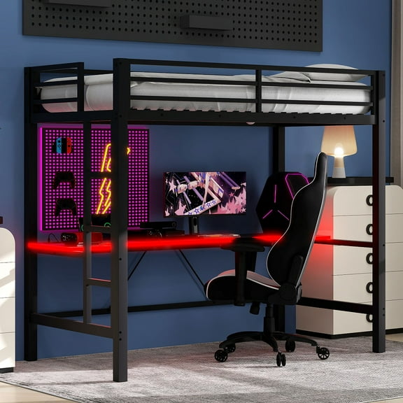 YDSM Twin Size Gaming Metal Loft Bed Frame with LED Light and Desk,Black