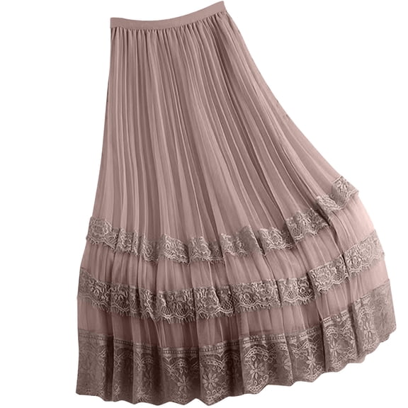 Ahabrexf High Waisted Pleated Skirt for Women A-Line Mid-Length Mesh Lace Patchwork Design