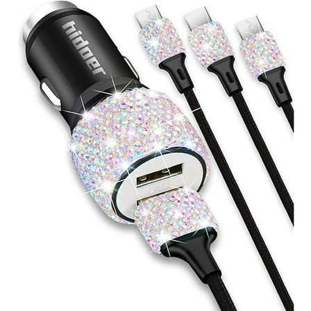 Bling USB Car Charger 5V 2.4A Multicolor Crystal Decor Dual Port Fast Adapter with 4ft Nylon Type C Micro USB 3 in 1 Multi Charging Cable for iPhone iPad Android, Auto Interior Accessories for Women