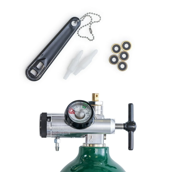 Oxygen Regulator 0-15LPM, CGA-870 Gauge Flow Rate – Includes Wrench Key, 5 Brass Yoke Washer Seals, and 2 Oxygen Tubing Swivel Connectors - Ergonomic Handle Design – Silver