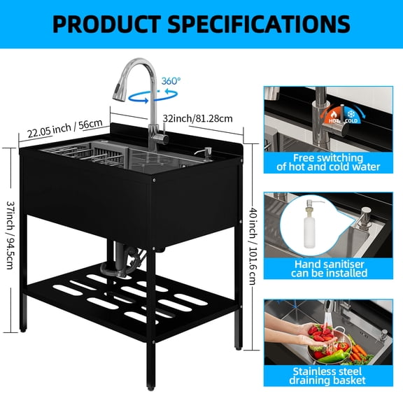 MEANDAROL 32*22 Stainless Steel Kitchen Sink Single Bowl Basin with One Stand Drop-in Sink, Brushed