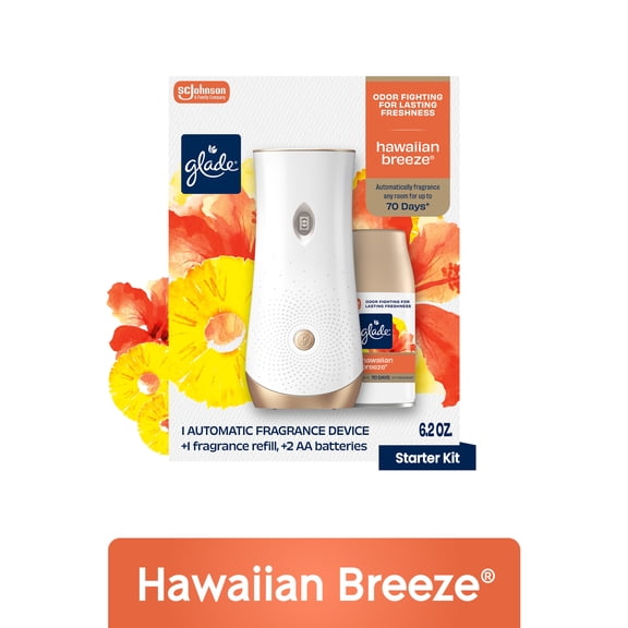 Glade Automatic Spray Air Freshener Starter Kit, 1 Holder and 1 Refill, Mothers Day Gifts, Hawaiian Breeze, Fragrance Infused with Essential Oils, 6.2 oz