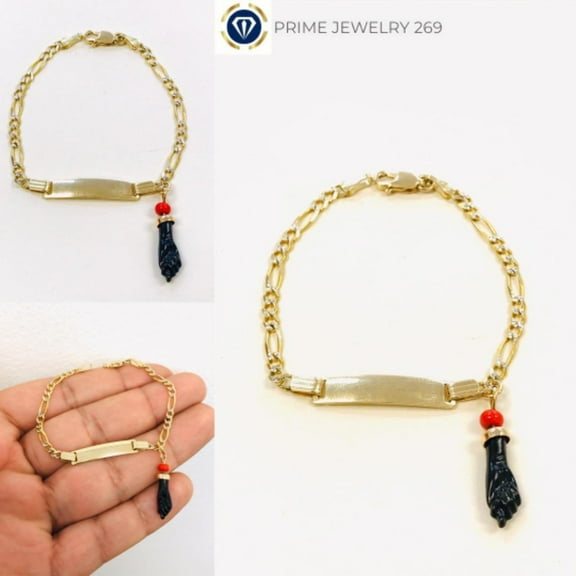 Gold Yellow / White Baby Bracelet ID Kids Children Azabache Pulsera Oro Real - Prime Jewelry 269