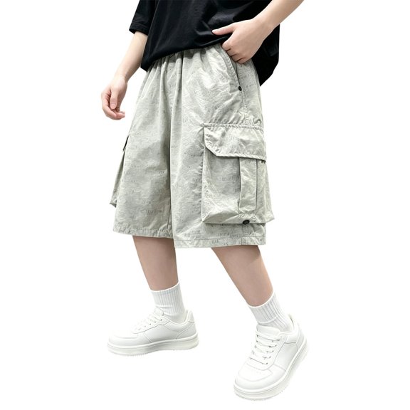 Big Kids Breathable Baggy Cargo Capri Shorts, Printed Fabric Snap Pocket Summer Light‑Weight Casual Shorts for Boys