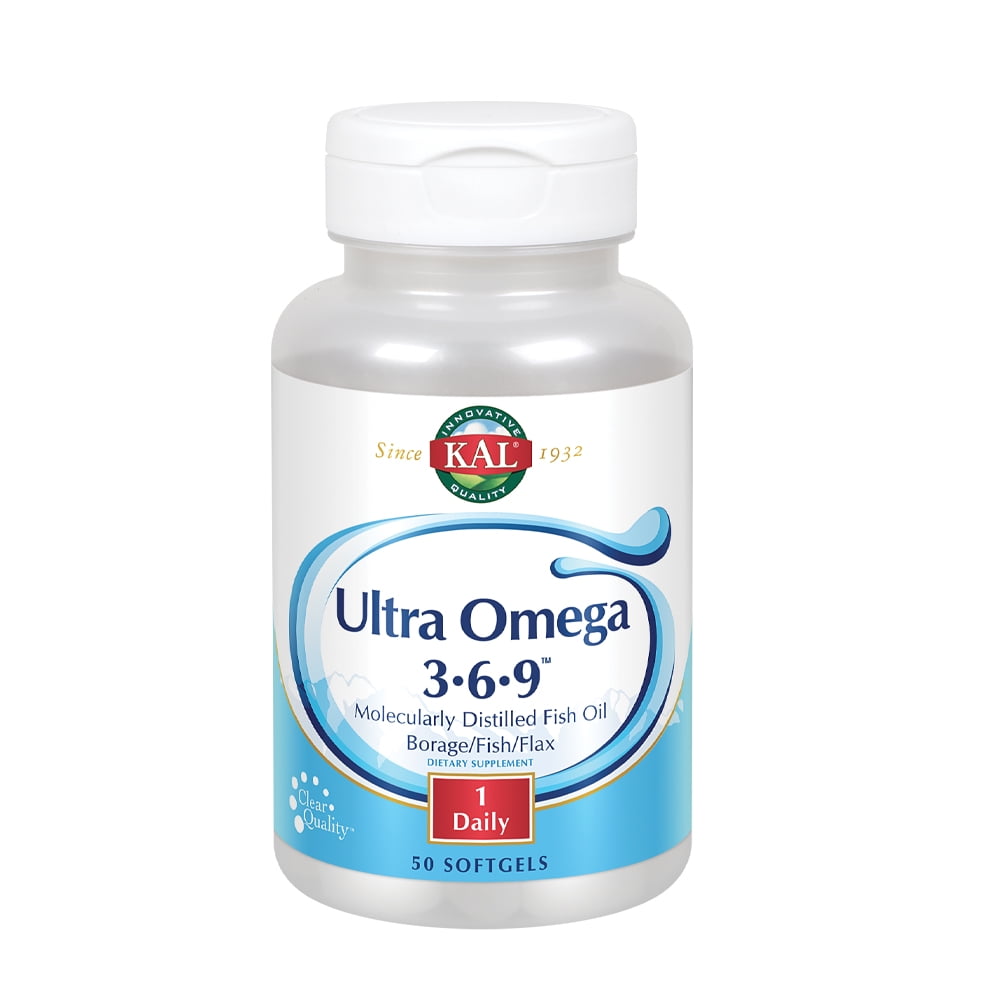 KAL Ultra Omega 3 6 9 1200mg, Fish Oil, Cold Pressed Borage Oil and Organic Flaxseed Oil, Heart Health and Joint Support Supplement, Molecularly Distilled, Solvent Free, 60-Day Guarantee (50 Softgels)