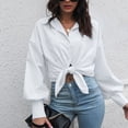 thumbnail image 3 of Women Shirt Turn Down Collar Pure Color Single Breasted Lantern Sleeves Casual Fit Blouse White L, 3 of 5