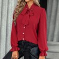 thumbnail image 4 of asdoklhq Blouses for Women Clearance $5, Women Casual Bow Lacing Long Sleeve Solid Color Top Single-Breasted Shirt Blouse, 4 of 9
