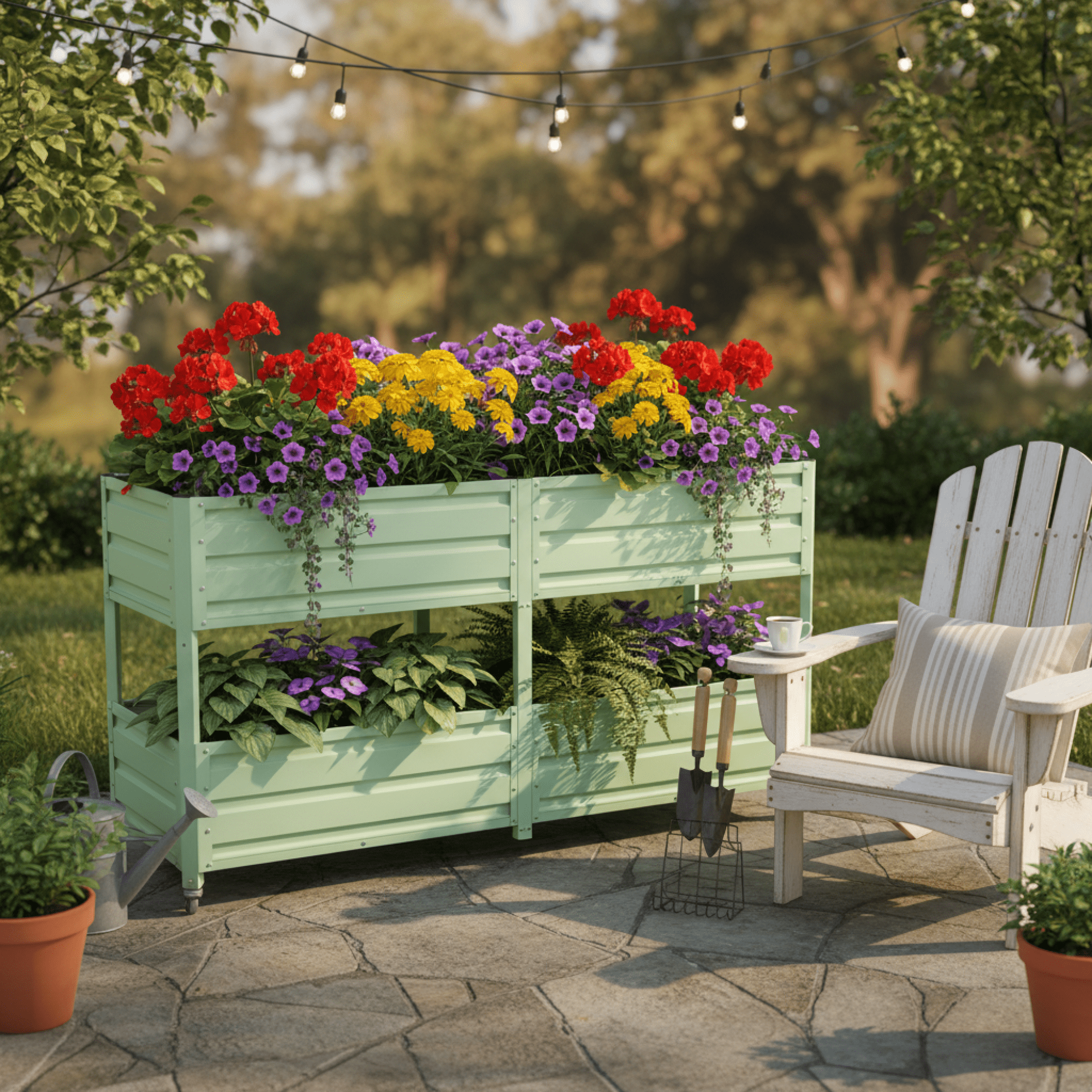 Leumius Dual Tier Elevated Metal Raised Garden Bed with Lockable Wheels, Staggered 2-Layer Raised Planter Box, Outdoor Patio Backyard Green Planting Bed for Vegetables Herbs Flowers,Green