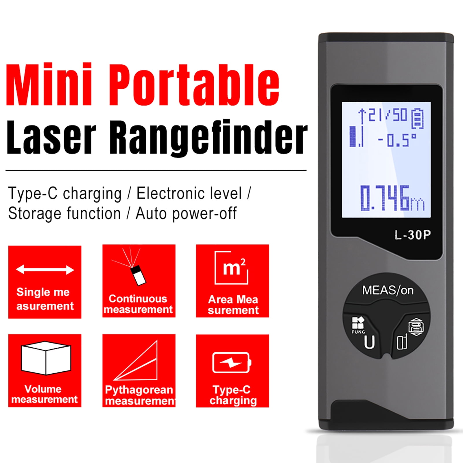 Mini Distance Meter Mini Distance Meter Digital Range Finder 98.43ft and Electronic Level Function Type C Charging 1mm Accuracy 50 Groups Memory Area Volume Measurement with LCD Backlight Indoor