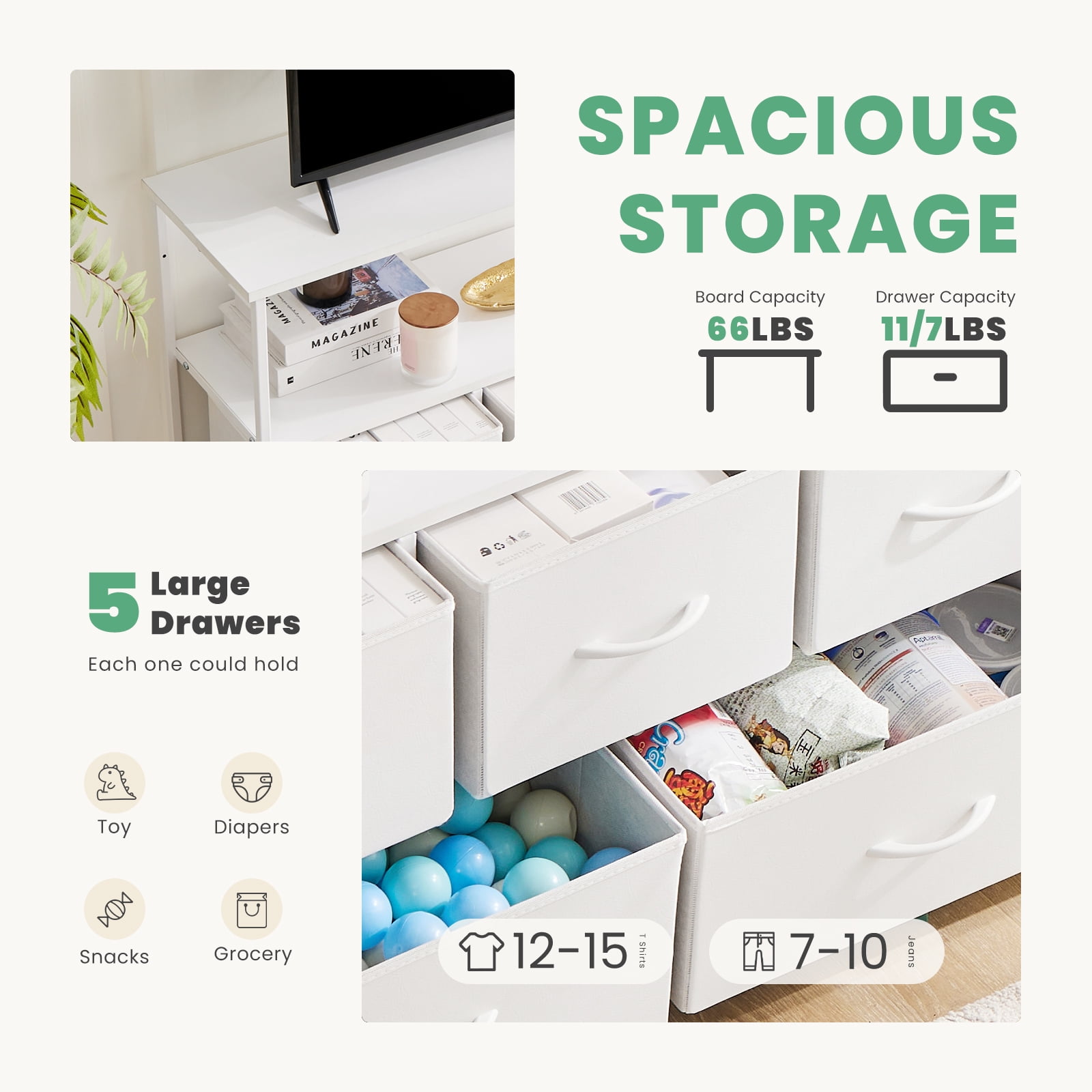 MAYEERTY TV Stand with Fabric Storage, Tower Storage Cabinet Dresser & Chest of 5 Drawers Organizer, White