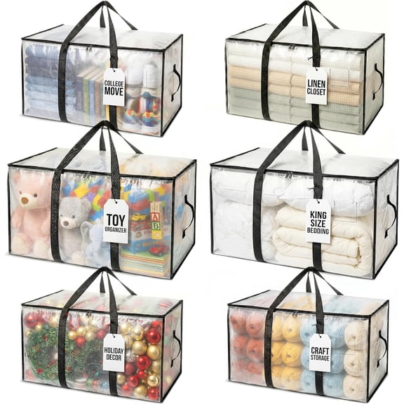 3 Pack Large Clear Storage Bins With Lids Waterproof Foldable Heavy Duty Storage Bags for Seasonal Clothes College Packing Supplies