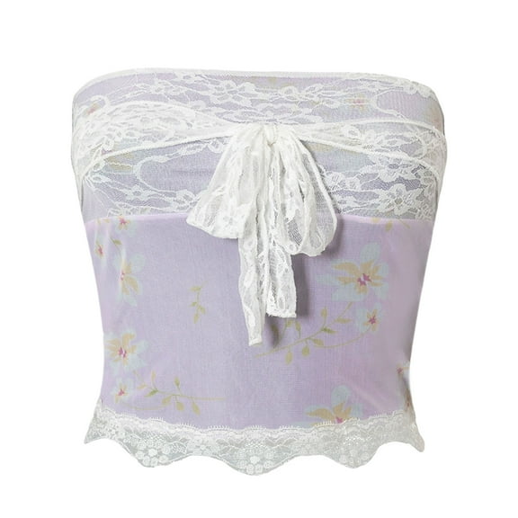 Musuos Women Summer Tube Tops, Flower Print Lace Patchwork Strapless Off Shoulder Cropped Tank Tops