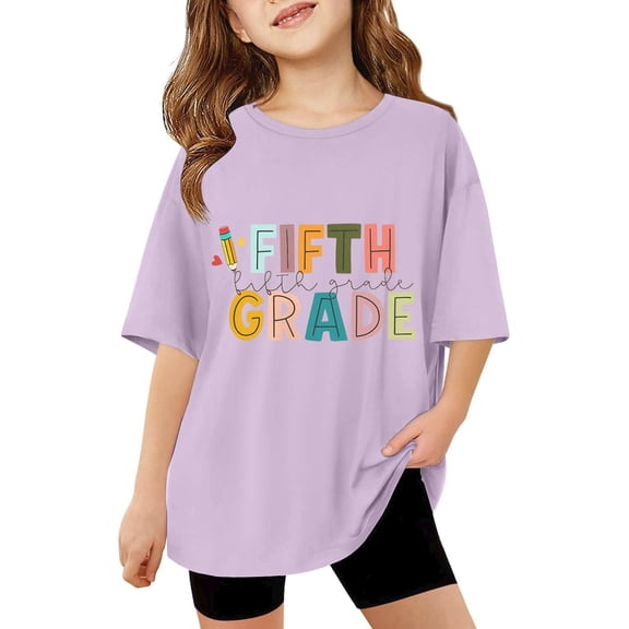XEGLSBU Girls T Shirts Pack Girls Casual Short Sleeve T Shirt Round Neck Graphic Print Loose Fit Tee for School Activities Spring Summer Purple Size 13-14 Years