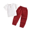 thumbnail image 2 of Esaierr Baby Kids Boys Girls Cotton Linen 2PCS Outfit Solid Colour Short Sleeve T-Shirt Tops Elastic Waist Pants Spring Summer Clothes Set for 12 Months - 8 Years, 2 of 8