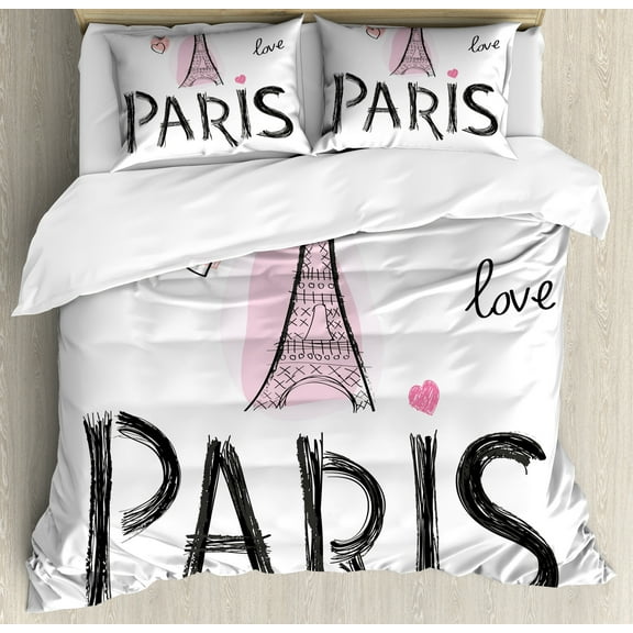 Eiffel Tower Duvet Cover Set, Hand Drawn Sketchy Paris Typography and Building, Decorative 3 Piece Bedding Set with 2 Pillow Shams, Calking Size, Pale Pink Dark Grey, by Ambesonne