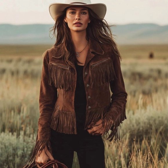 Women's Vintage Western Cowgirl Faux Suede Fringe Jacket Tassel Trim Button Down Long Sleeve Lapel Slim Fit Casual Shirt Jacket Daily Wear Outerwear