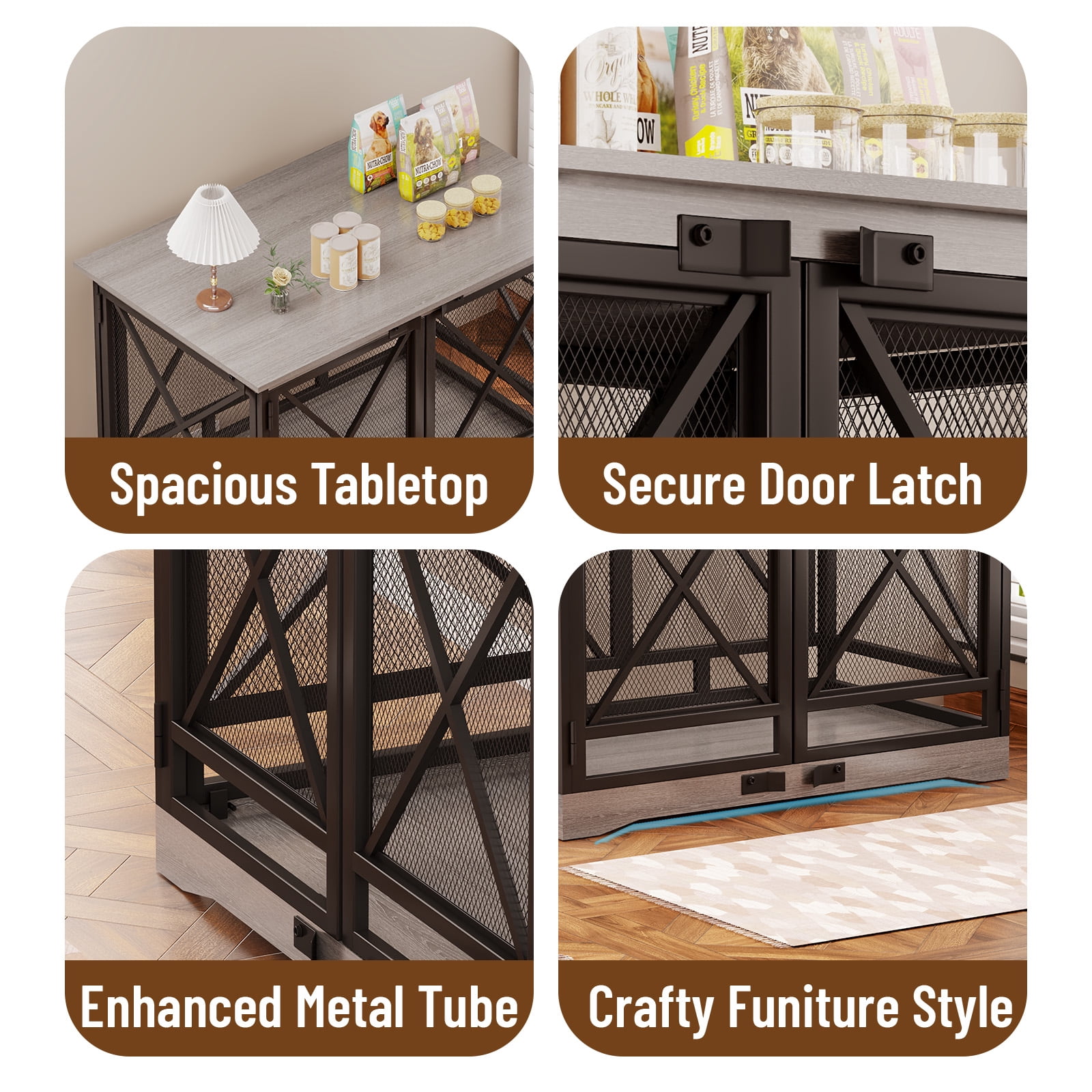 48 inch Extra Large Dog Crate Furniture,Double Door Indoor Kennel,End Side Table Wooden Dog Crates,Anti-Chew Anti-Escape, Gray