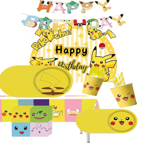 Pikachu cartoon anime birthday party supplies birthday decorations, cartoon theme party favors including banners, plates, cups, napkins, cutlery and tablecloths