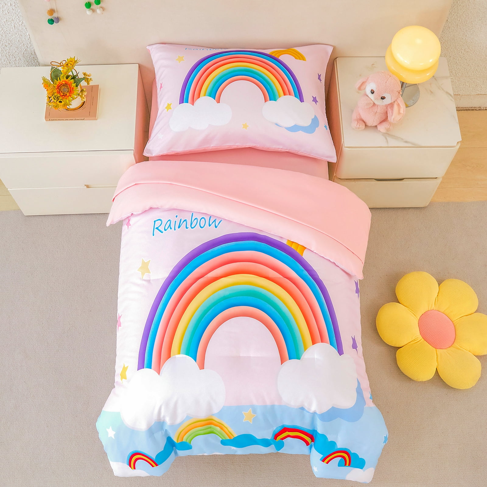 ZRNBAST 4 Piece Toddler Bedding Set for Girls, Cartoon Stars Rainbow Comforter Set, Includes Comforter, Flat Sheet, Fitted Sheet and Pillowcase, Pink