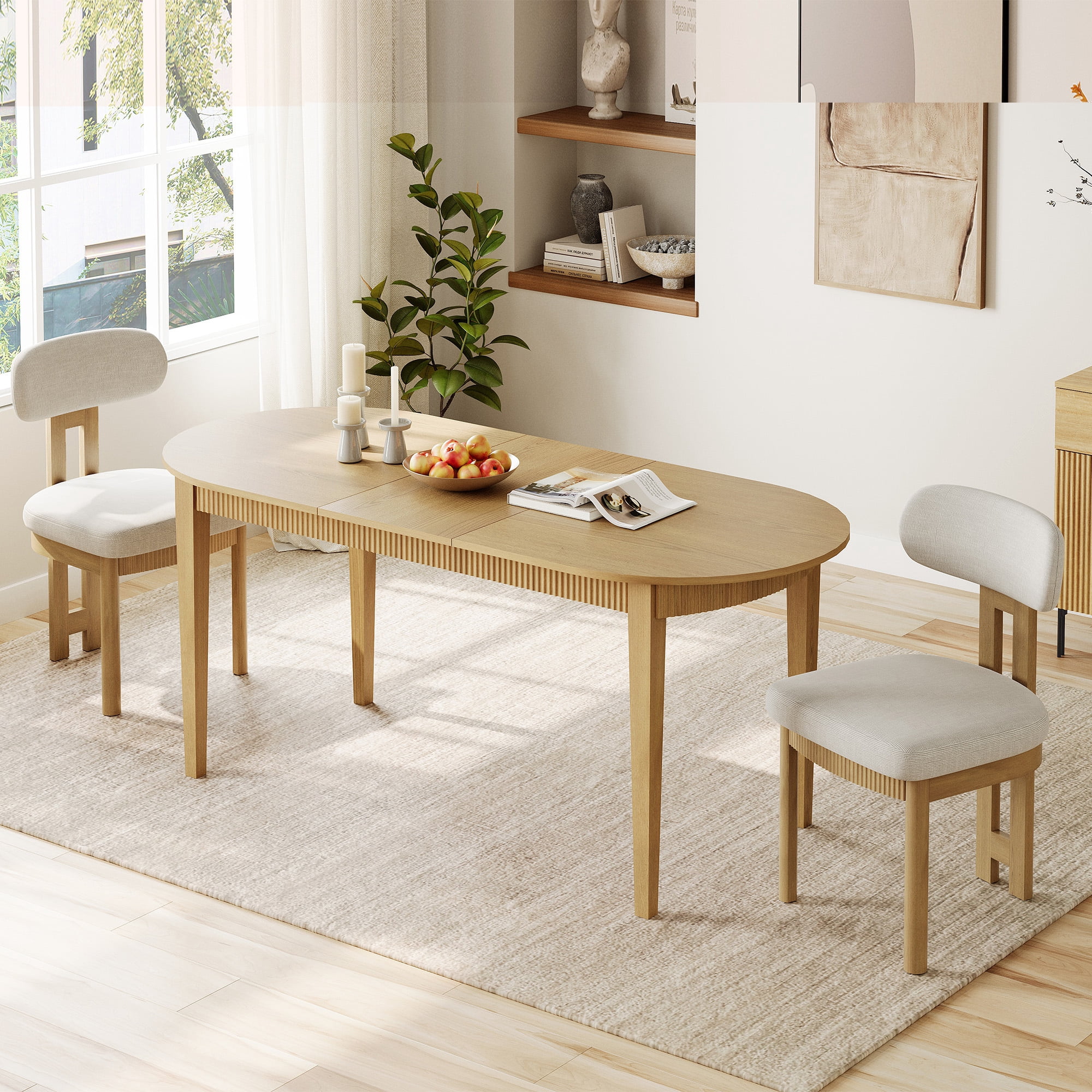 3 Piece Modern Dining Table Set, 73" Solid Wood Oval Dining Table with 2 Polyester Chairs, Dining Set with Fluted Apron for Kitchen & Dining Room