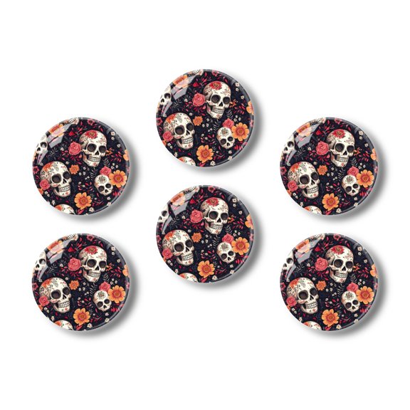 Glass Refrigerator Magnet 6Pcs Magnetic Fridge Sticker,Decor for Kitchen,Whiteboard,Cabinet,Artistry Of Skull Flower Motif