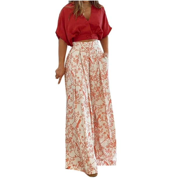 Women Summer High Waisted Palazzo Pants Floral Print Wide Leg Lounge Trousers  Casual Flowy Beach Pants with Pockets 
