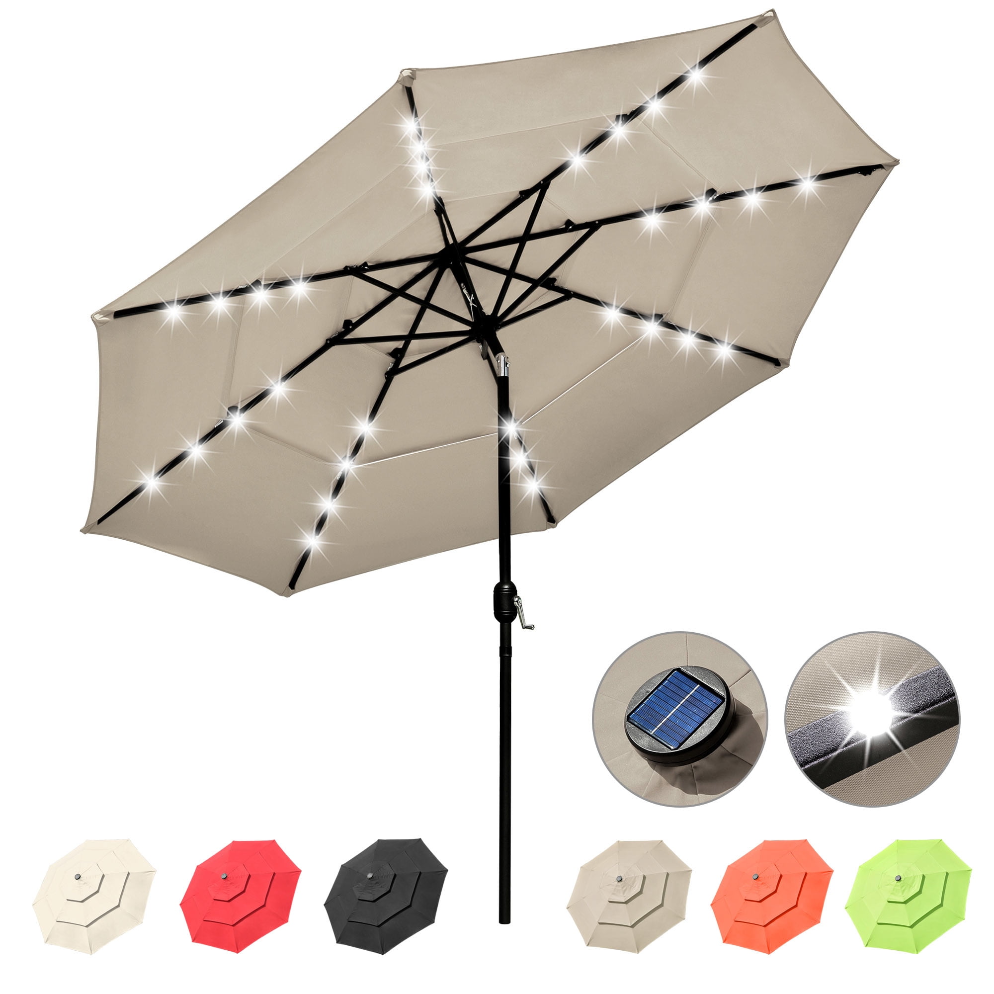 11Ft 3Tiers 40LEDS Patio Umbrella Khaki, Vented Patio Umbrella Market