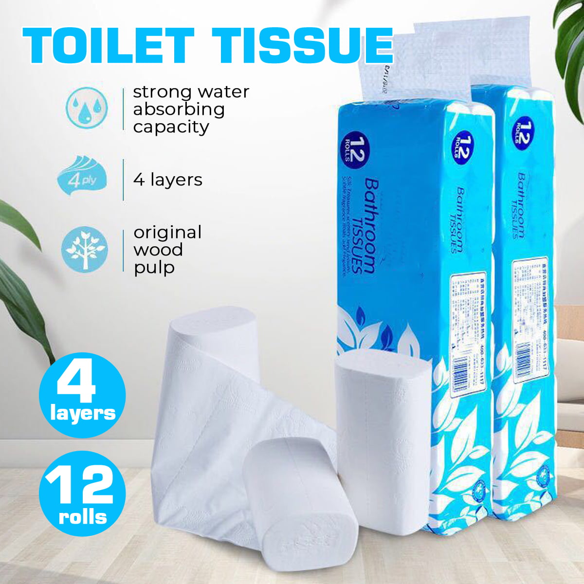 4 Ply 18 Rolls Toilet Paper Bulk Roll Bath Tissue Paper Household Bathroom Soft 