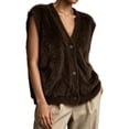 thumbnail image 2 of Womens Solid Fuzzy Knit Vest V Neck Button Front Sleeveless Cardigan Loose Fit Knitted Waistcoat Casual Layering Sweater Vest Brown S, 2 of 5