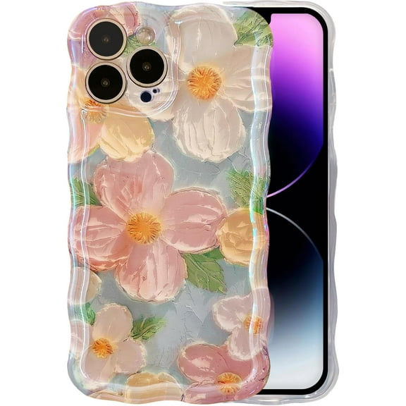 Case for iPhone 14 Pro - Vivid Retro Oil Painting, Flower Laser Glossy Pattern, Cute Curly Wave Edge - Exquisite Stylish Durable TPU Protective Phone Cover for Girls and Women (Green)