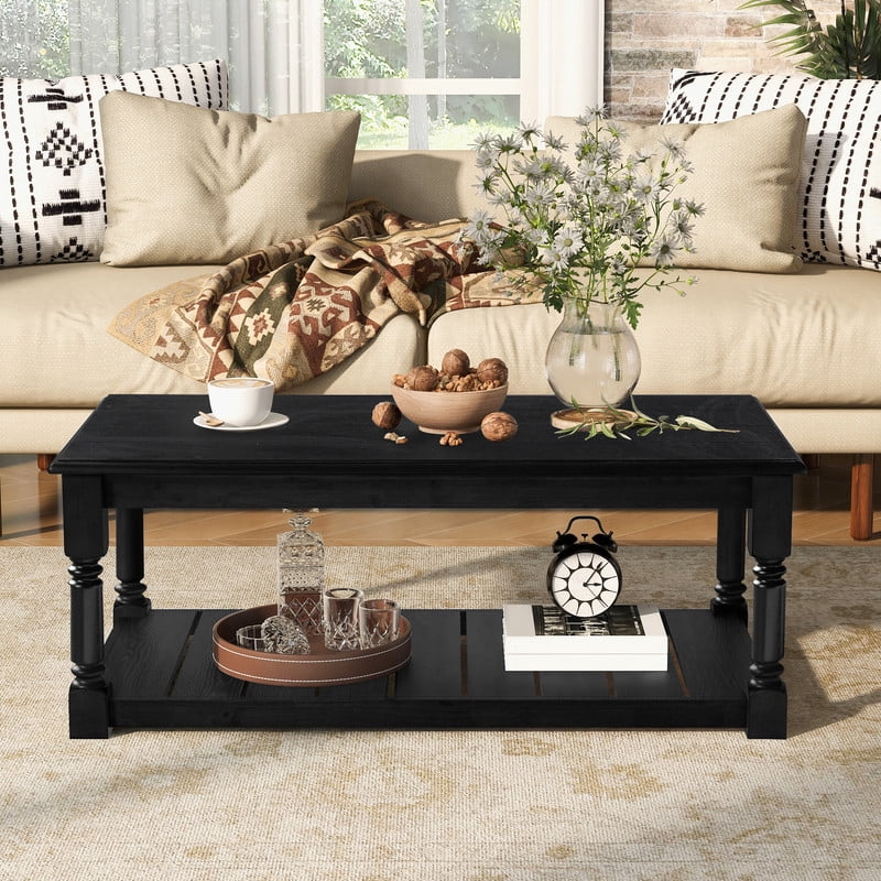 Vintage Rectangular Center Coffee Table with Sculptural Spindle Solid Wood Legs, 2-Tier Traditional Wooden Cocktail End Table