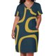 thumbnail image 2 of Vestido de verano para mujer, holgado, con bolsillos, estilo vendaje y estampado retro de bucles modernos de mediados de siglo en mostaza claro y azul marino., 2 of 6