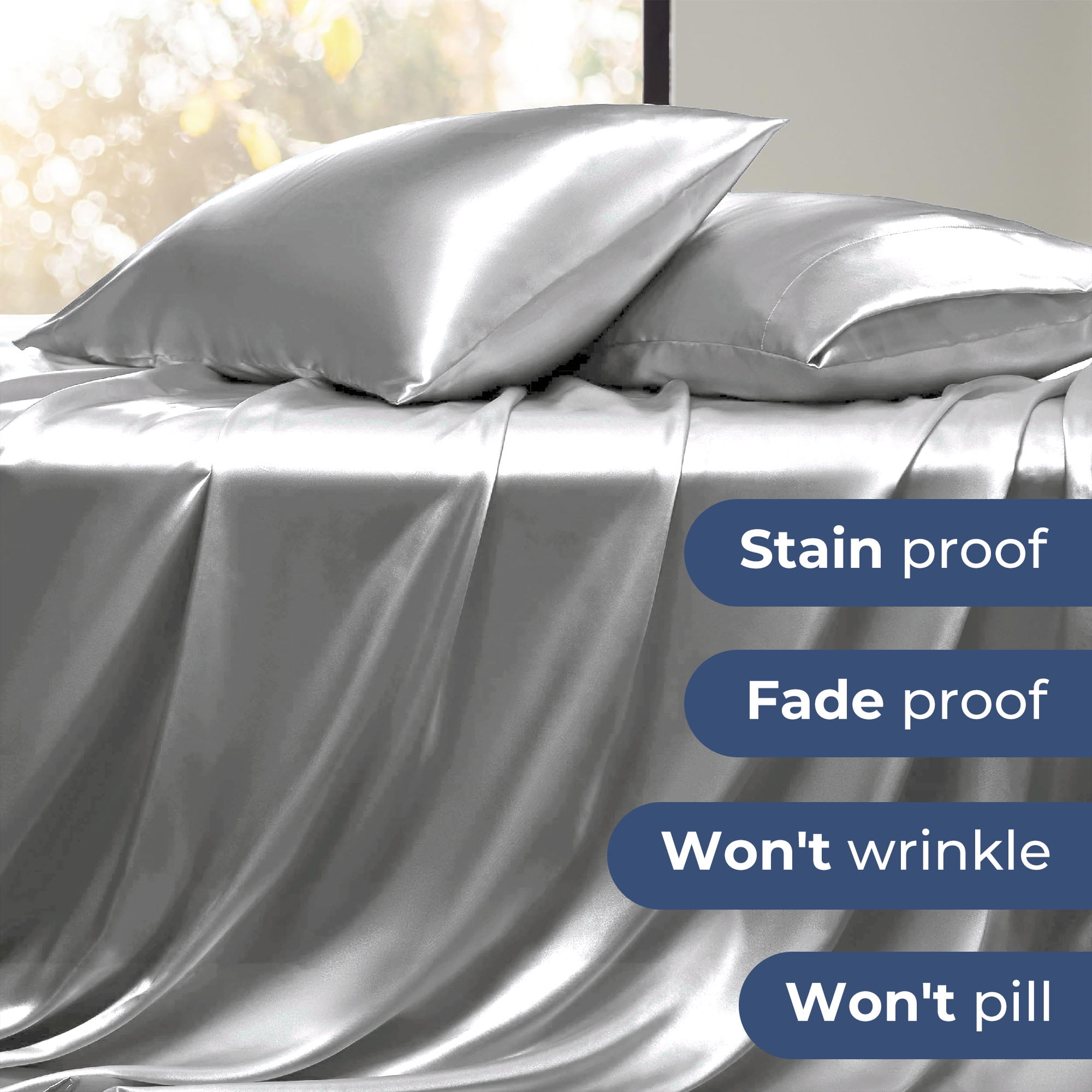 Seasonwood Microfiber Satin Grey Sheets Queen Size Luxury Silk 4-Piece Bed Sheets