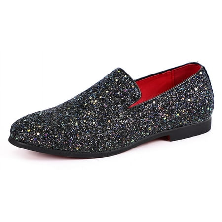 Santimon Men Dress Shoes Glitter Loafers Slip On Casual Wedding Party Formal Shoes Black 8 US