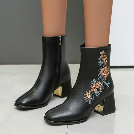 

Ladies Fashion Ethnic Embroidered Boots Square Toe Fleece Chunky High Heel Booties Wide Calf Knee High Boots for Women plus Size Exotic Leather Riding Boots Wide Calf for Women Boots for Women Low