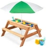 Green Kids 3-in-1 Sand & Water Activity Table: Wood Outdoor Convertible Picnic Table with Umbrella, 2 Play Boxes, Removable Top