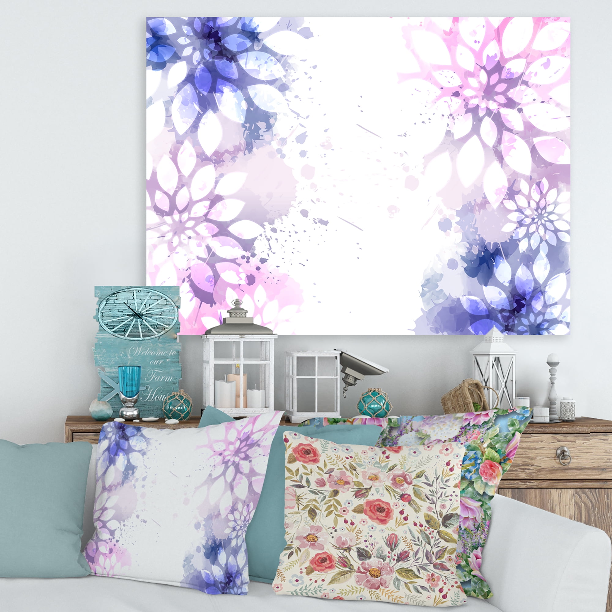 Designart ' Pink and Purple Abstract With Colorful Splashes II ' Modern Canvas Wall Art Print