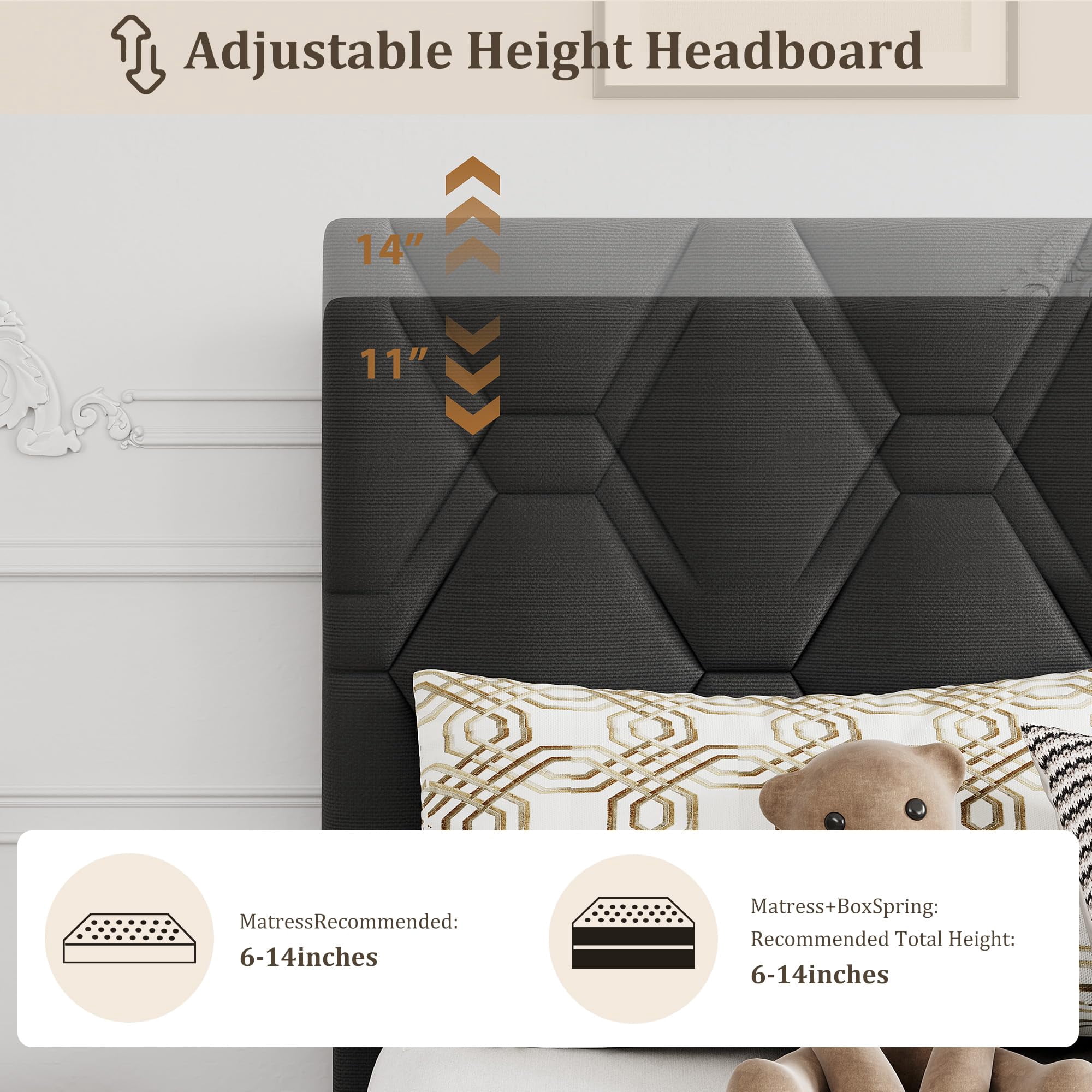 Velvet Upholstered Platform Bed Frame with Headboard, Queen Size Bed with Wooden Slats Support, No Box Spring Needed & Easy Assembly