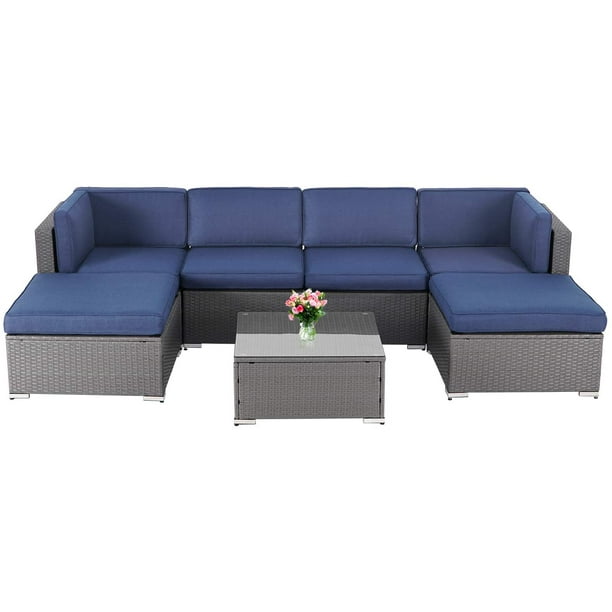 Suncrown Outdoor Furniture 7 Piece Patio Sofa Modular Sectional Gray Wicker Conversation Set With Ottoman Coffee Table Navy Blue Com - Navy Blue Patio Furniture Sets Suncrown Outdoor Furniture 7 Piece Patio Sofa Modular Sectional Gray Wicker Conversation Set With Ottoman Coffee Table Navy Blue Com - Navy Blue Patio Furniture Sets