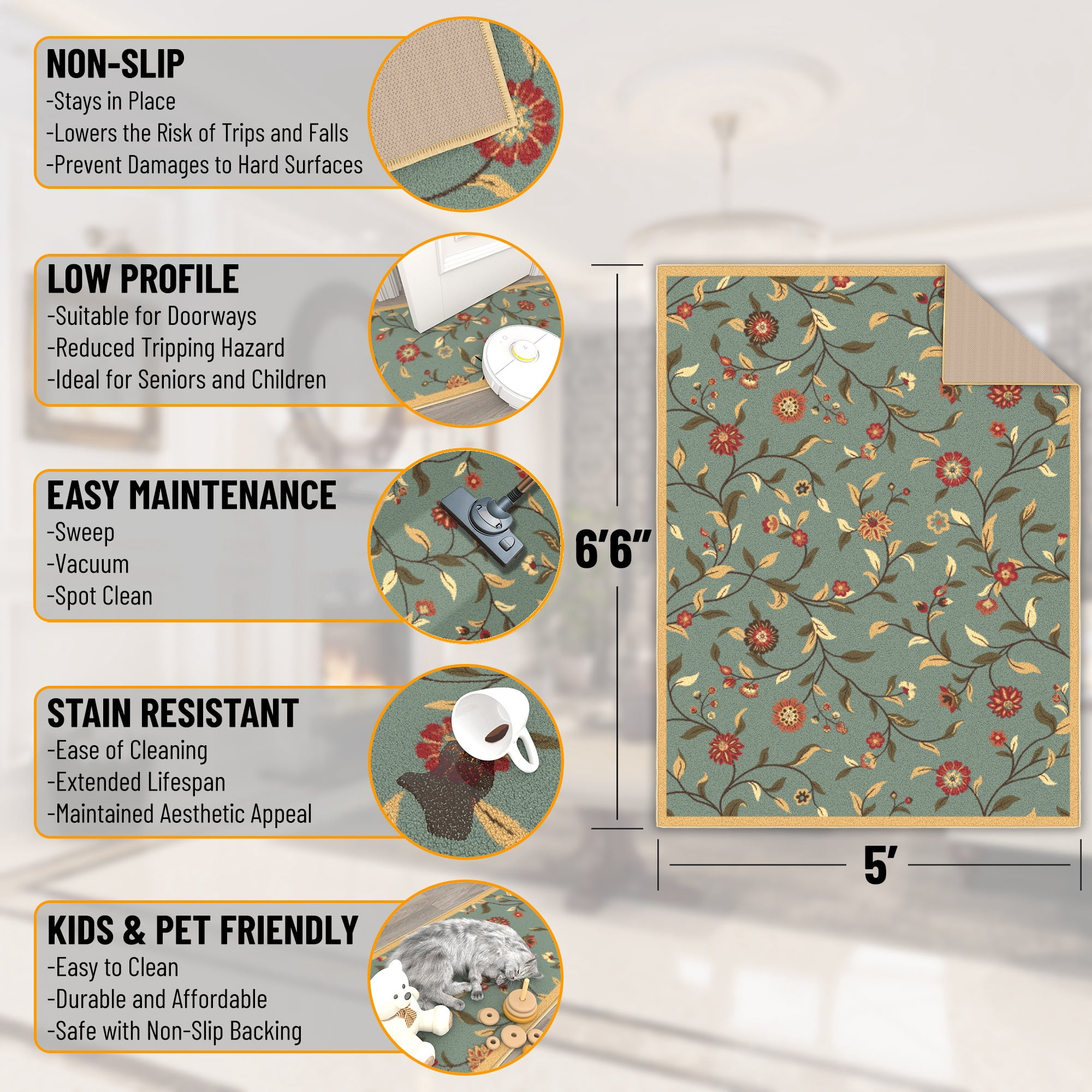 Ottomanson Floral Area Rug 5' x 6'6" - Non Slip Low Pile Carpet, Seafoam Green