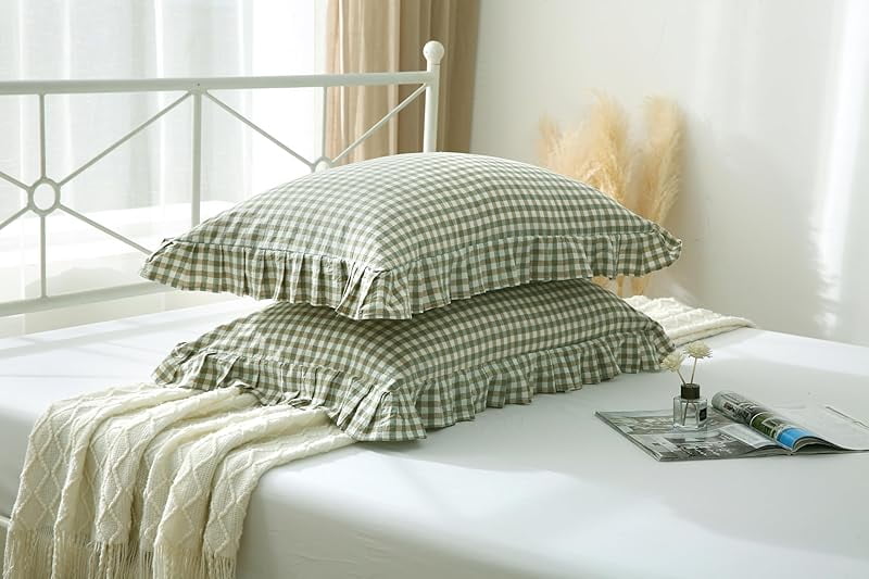 2 Pack Sage Green White Plaid Ruffles Pillow Shams Checkered Pillowcases Gingham Queen Size Pillow Cases Washed Cotton Farmhouse Cottage Pillow Covers for Bed/Sofa(20X30inches,Sage Green/White Plaid)