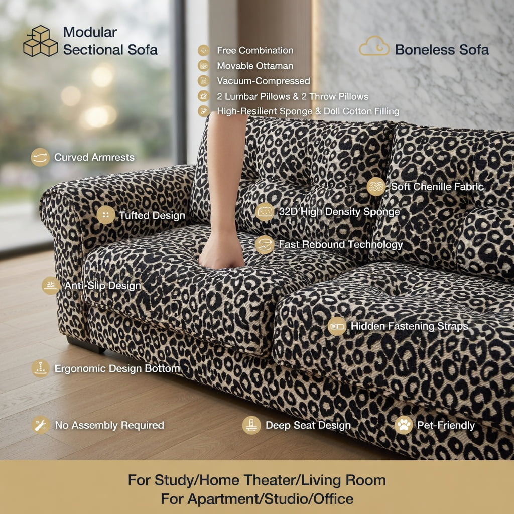 Hommoo 131" Modular Leopard Print Chenille 4-Seat Sectional Sofa, Tassel-Trimmed, Deep Seat, Ergonomic Support, Easy Assembly for Living Room, khaki