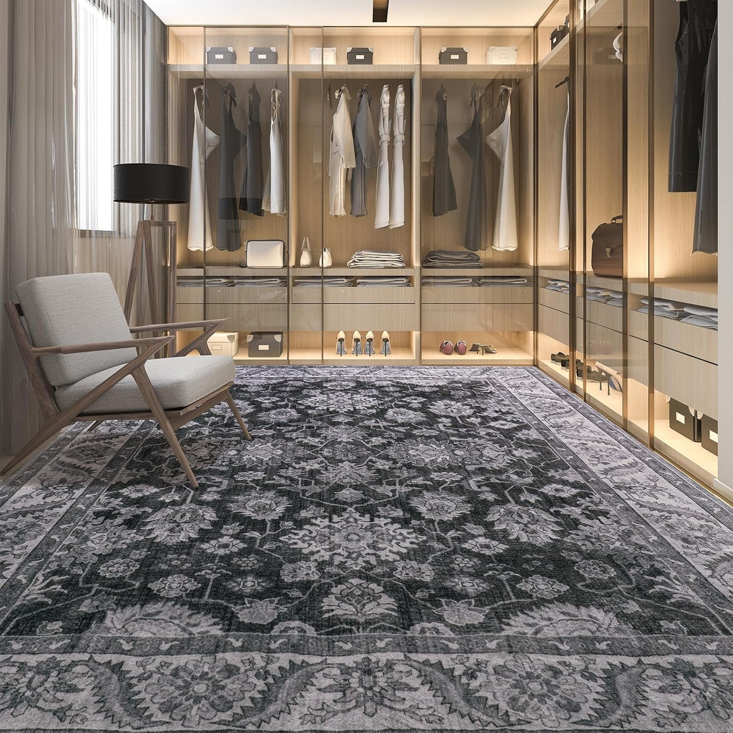 Homore Vintage Boho Traditional Oriental Faux Wool Area Rug, 4' x 6', Gray
