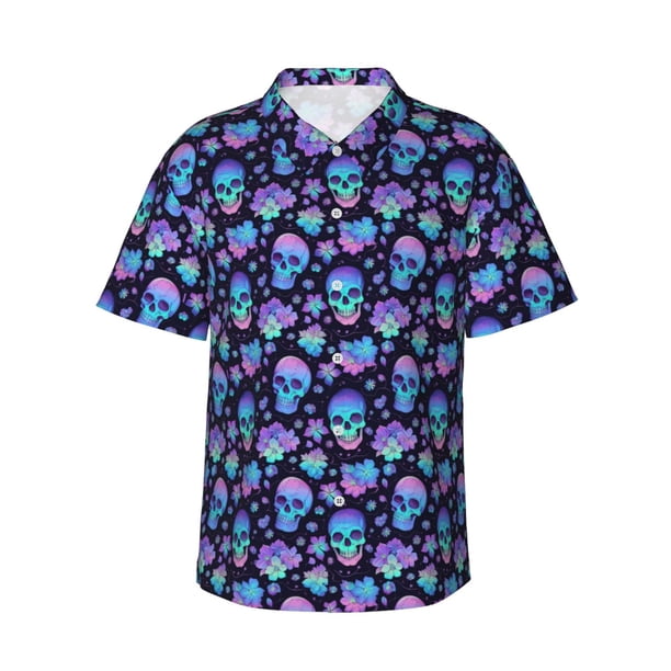 Balery Skull flower funny Camisas hawaianas de manga corta para hombre, camisas playeras de corte holgado, camisas de vacaciones con botones,X-Large
