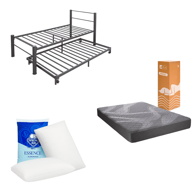 Set Cama ind. Bajo cama Canson Gris con colchón ind. en caja Atlas + Almohadas Peach regalo
