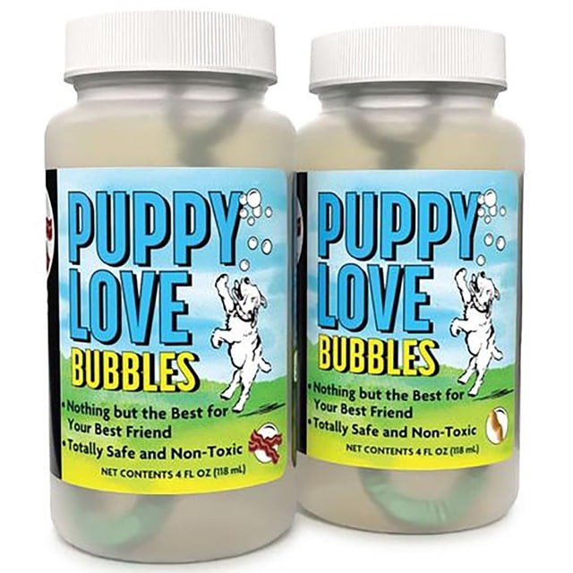 Puppy Love Bubbles: Paquete de 2 combos - Perfumado con tocino y mantequilla de maní - Botellas de 4 oz Burbujas perfumadas para perros No tóxico y sin alérgenos Combina juguete y golosina